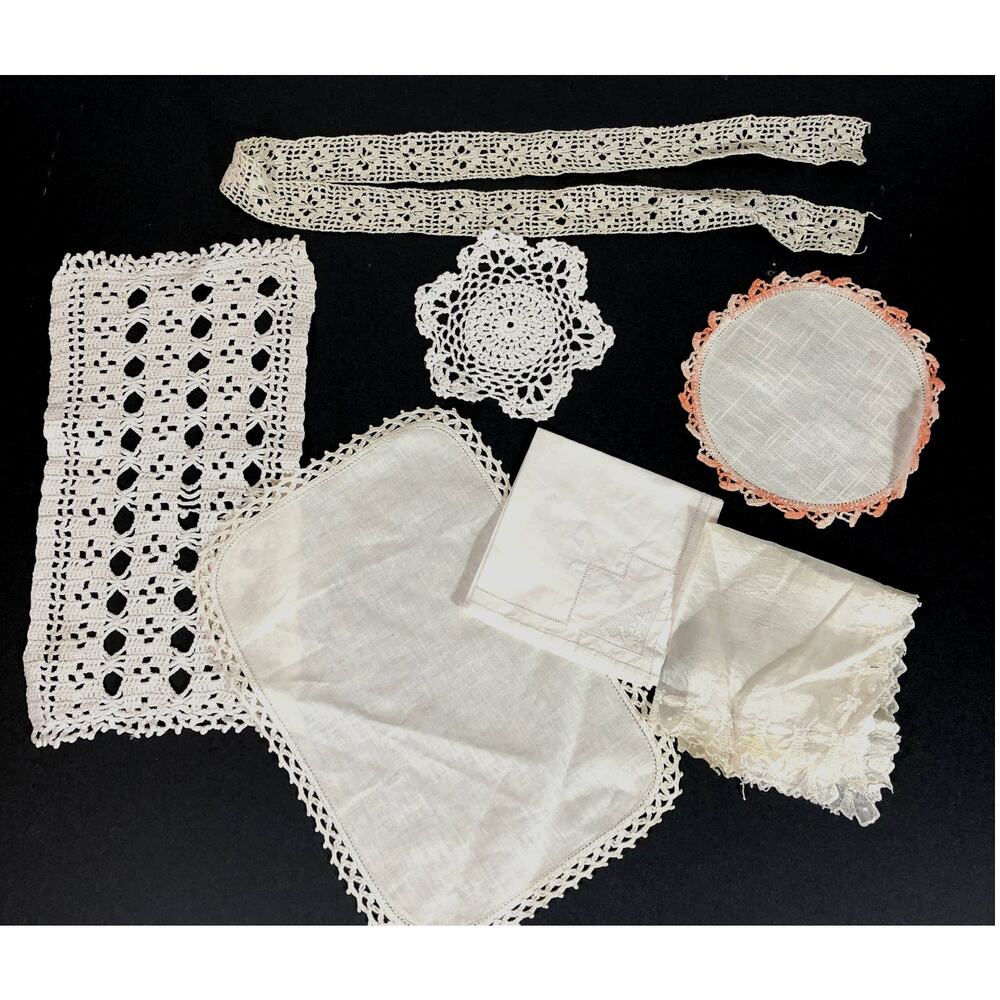 Doily Lot of7, White Ivory Vintage Cottage Cabin Lace Chair Back Handkerchief